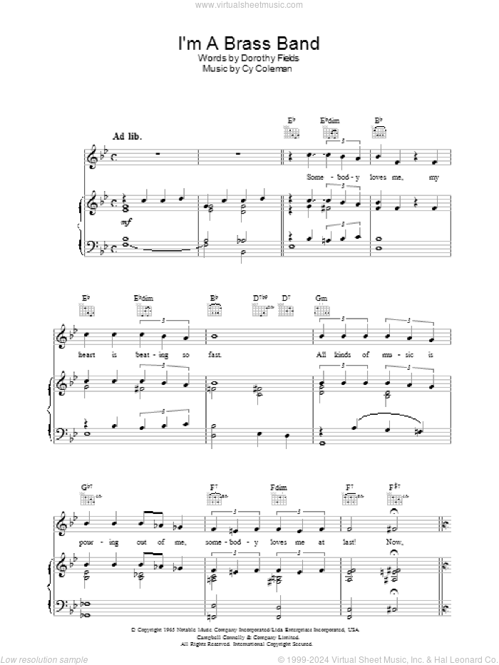 I'm A Brass Band sheet music for voice, piano or guitar by Cy Coleman and Dorothy Fields, intermediate skill level