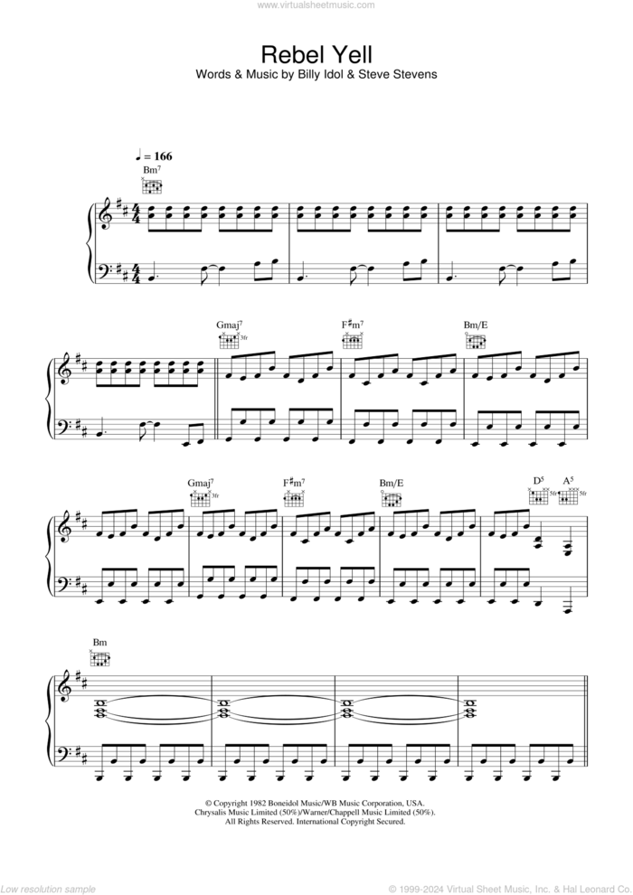 Rebel Yell sheet music for voice, piano or guitar by Billy Idol and Steve Stevens, intermediate skill level