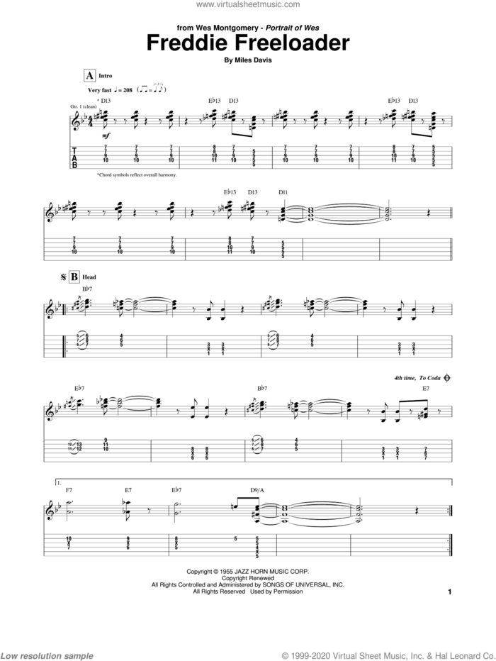 Freddie Freeloader sheet music for guitar (tablature) by Wes Montgomery and Miles Davis, intermediate skill level
