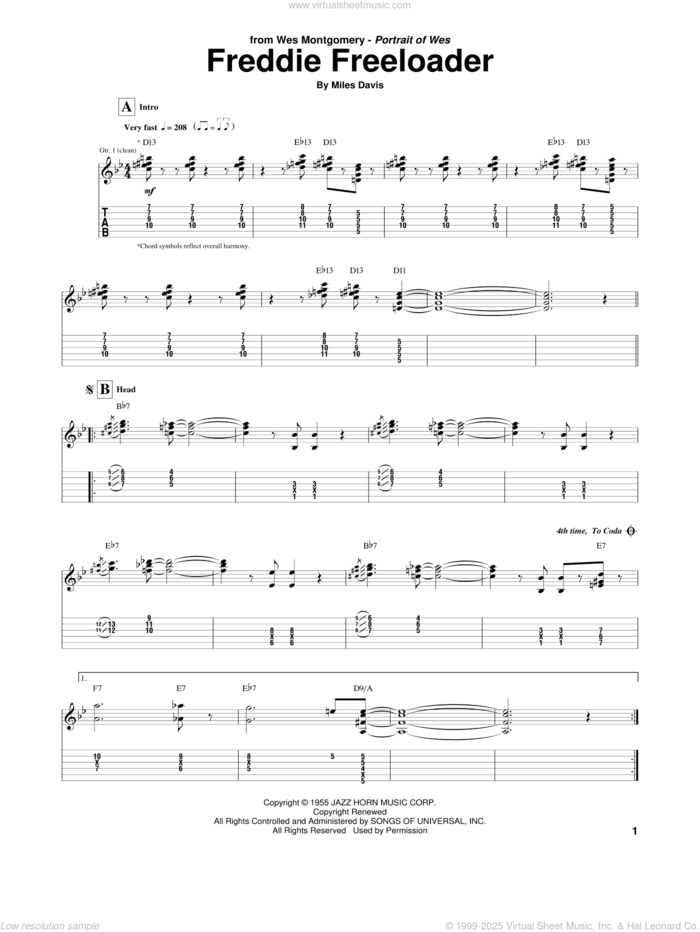 Freddie Freeloader sheet music for guitar (tablature) by Wes Montgomery and Miles Davis, intermediate skill level