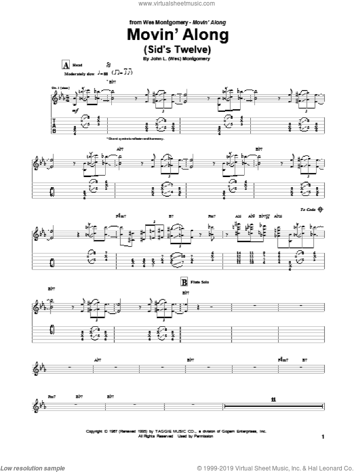 Movin' Along (Sid's Twelve) sheet music for guitar (tablature) by Wes Montgomery, intermediate skill level