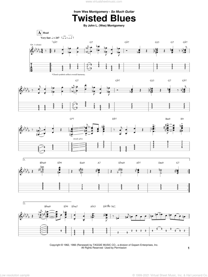 Twisted Blues sheet music for guitar (tablature) by Wes Montgomery, intermediate skill level