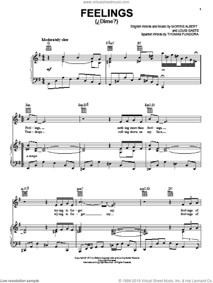 Feelings (Dime) sheet music for voice, piano or guitar by Morris Albert, Julio Iglesias, Louis Gaste and Thomas Fundora, intermediate skill level