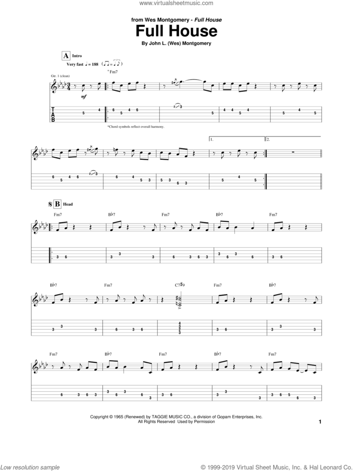 Full House sheet music for guitar (tablature) by Wes Montgomery, intermediate skill level