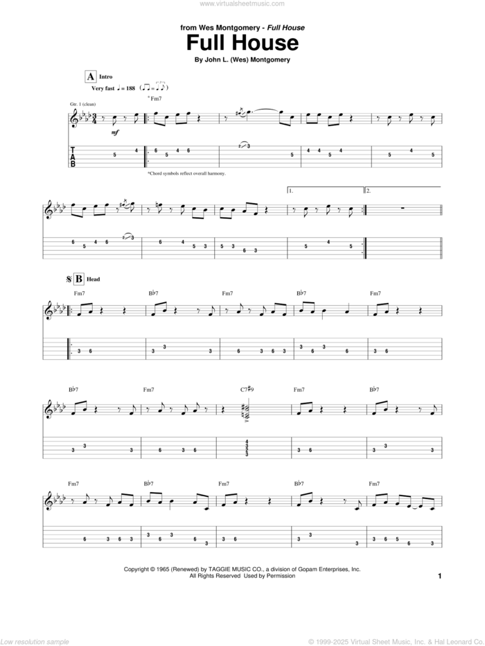 Full House sheet music for guitar (tablature) by Wes Montgomery, intermediate skill level