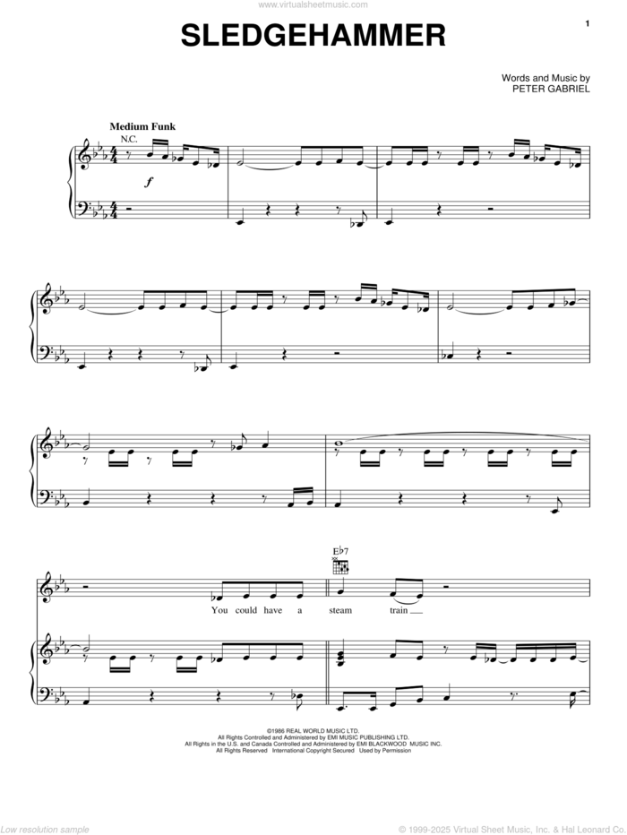 Sledgehammer sheet music for voice, piano or guitar by Peter Gabriel, intermediate skill level