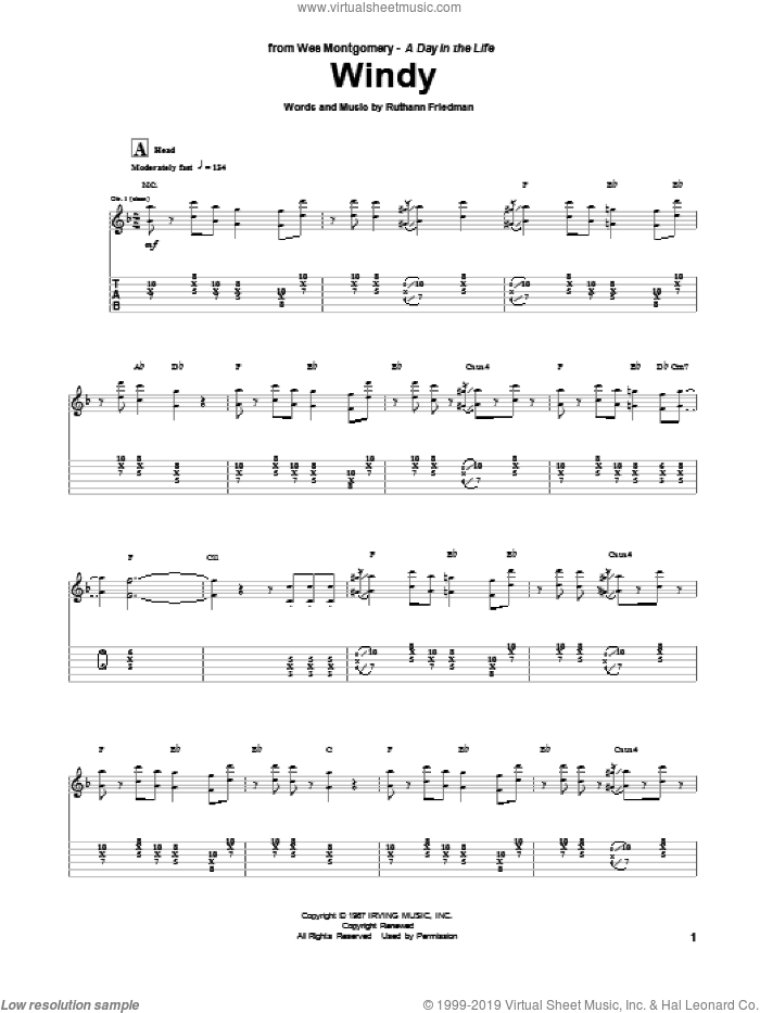 Windy sheet music for guitar (tablature) by Wes Montgomery, intermediate skill level