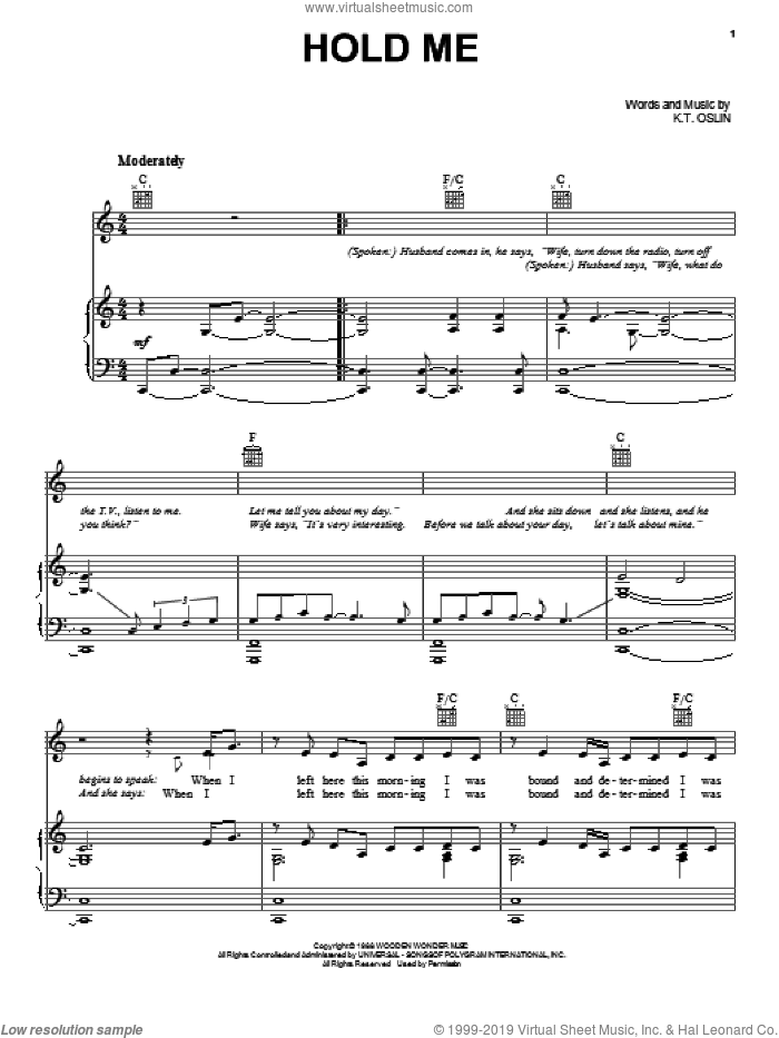 Hold Me sheet music for voice, piano or guitar by K.T. Oslin, intermediate skill level