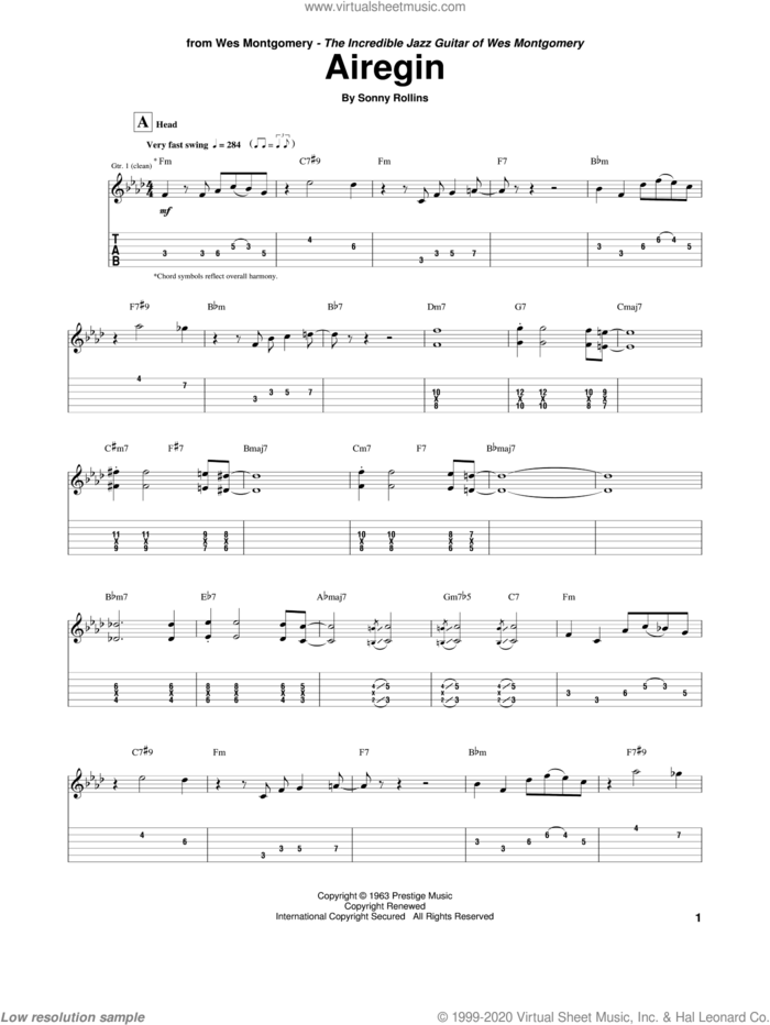 Airegin sheet music for guitar (tablature) by Wes Montgomery, John Coltrane and Sonny Rollins, intermediate skill level