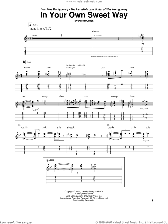 In Your Own Sweet Way sheet music for guitar (tablature) by Wes Montgomery and Dave Brubeck, intermediate skill level
