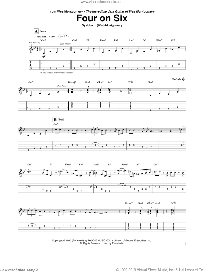 Four On Six sheet music for guitar (tablature) by Wes Montgomery, intermediate skill level