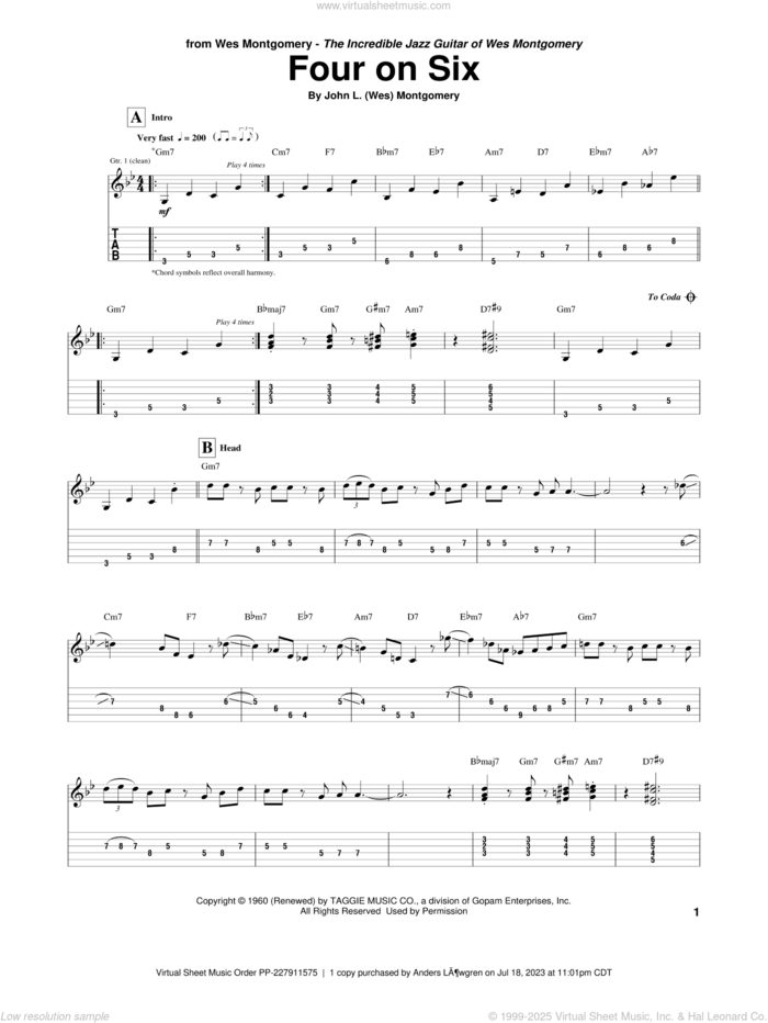 Four On Six sheet music for guitar (tablature) by Wes Montgomery, intermediate skill level