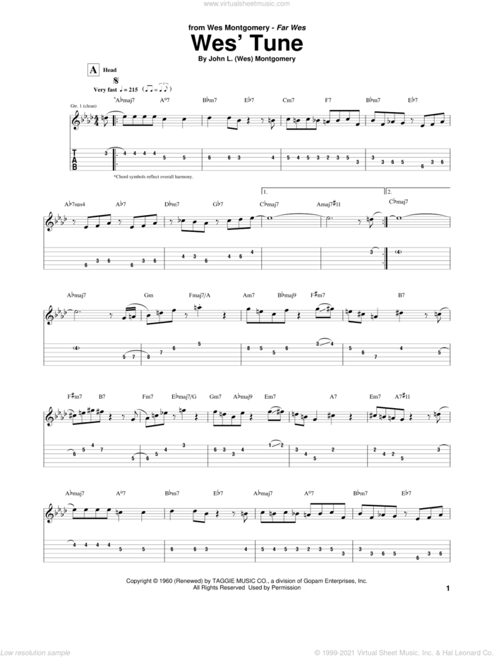 Wes' Tune sheet music for guitar (tablature) by Wes Montgomery, intermediate skill level