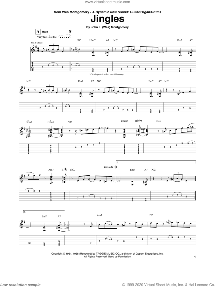 Jingles sheet music for guitar (tablature) by Wes Montgomery, intermediate skill level