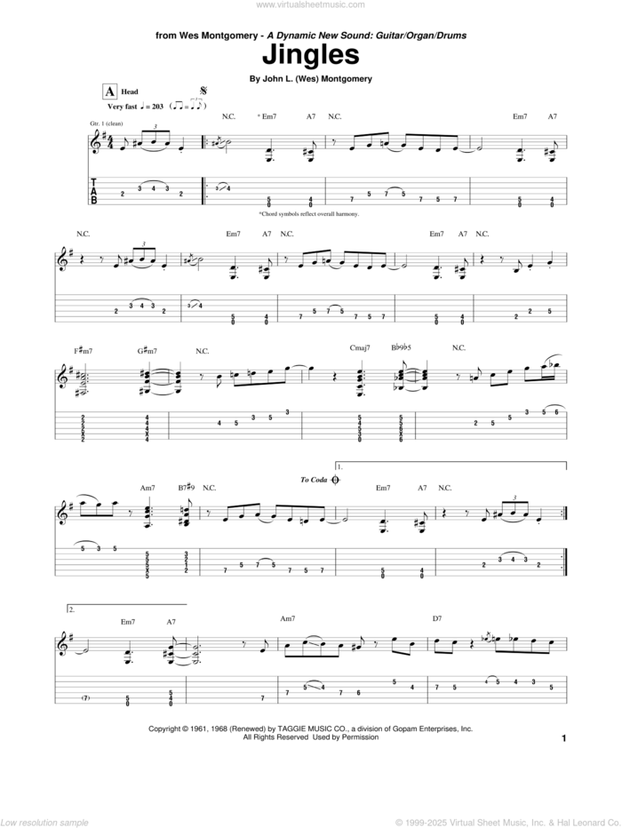 Jingles sheet music for guitar (tablature) by Wes Montgomery, intermediate skill level