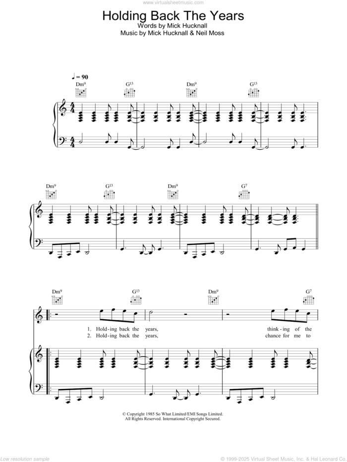 Holding Back The Years sheet music for voice, piano or guitar by Simply Red, Mick Hucknall and Neil Moss, intermediate skill level