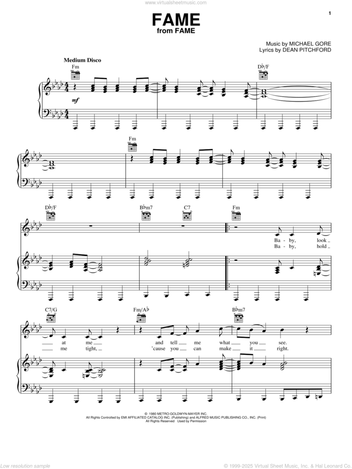 Fame sheet music for voice, piano or guitar by Irene Cara, Dean Pitchford and Michael Gore, intermediate skill level