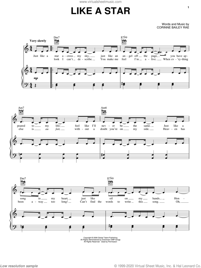 Like A Star sheet music for voice, piano or guitar by Corinne Bailey Rae, intermediate skill level