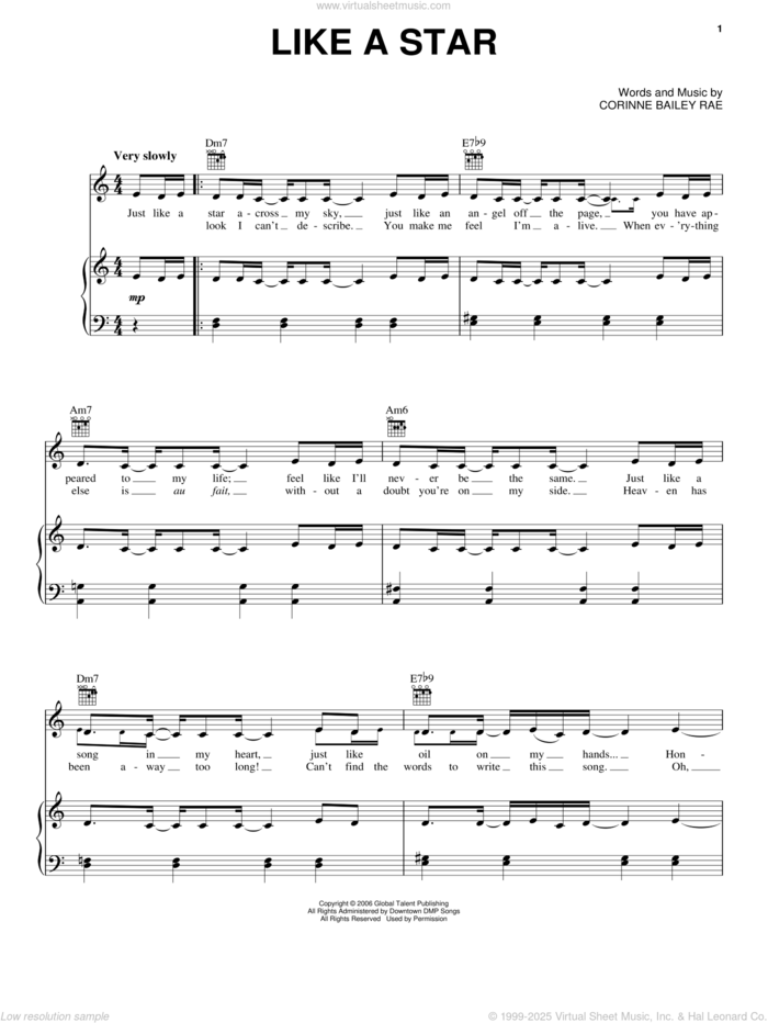 Like A Star sheet music for voice, piano or guitar by Corinne Bailey Rae, intermediate skill level