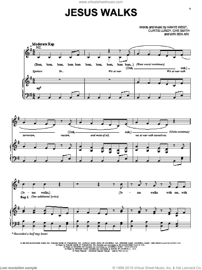 Jesus Walks sheet music for voice, piano or guitar by Kanye West, Che Smith, Curtis Lundy and Miri Ben Ari, intermediate skill level