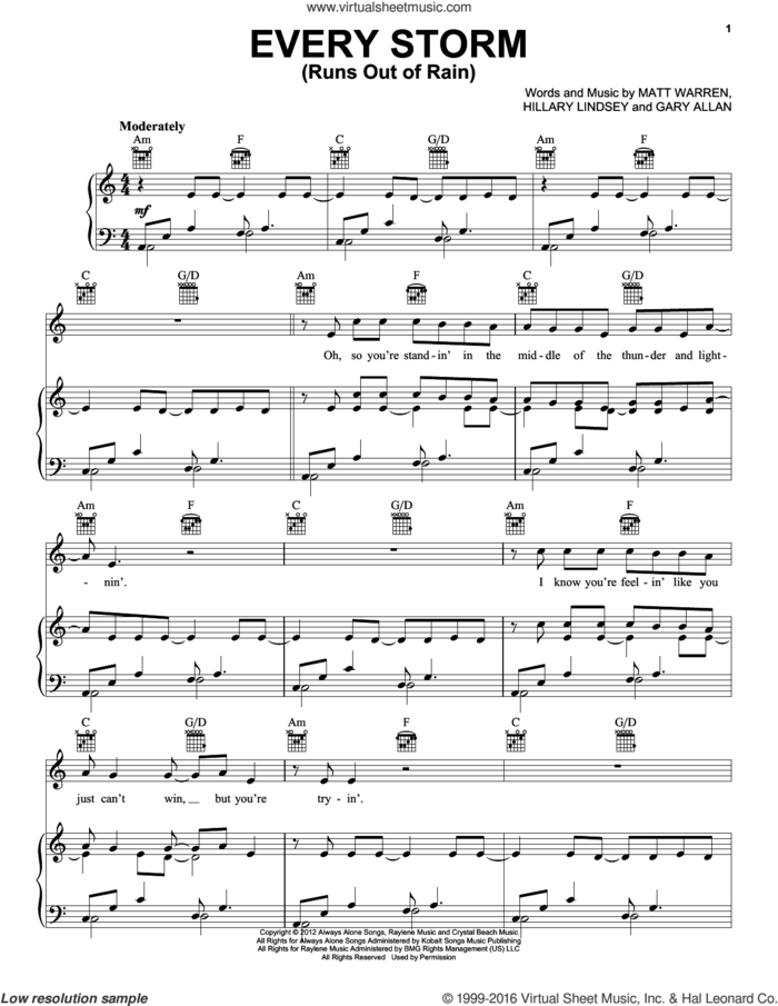Every Storm (Runs Out Of Rain) sheet music for voice, piano or guitar by Gary Allan, Hillary Lindsey and Matt Warren, intermediate skill level
