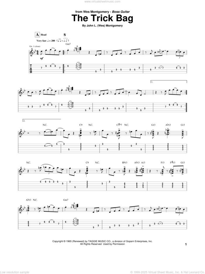 The Trick Bag sheet music for guitar (tablature) by Wes Montgomery, intermediate skill level