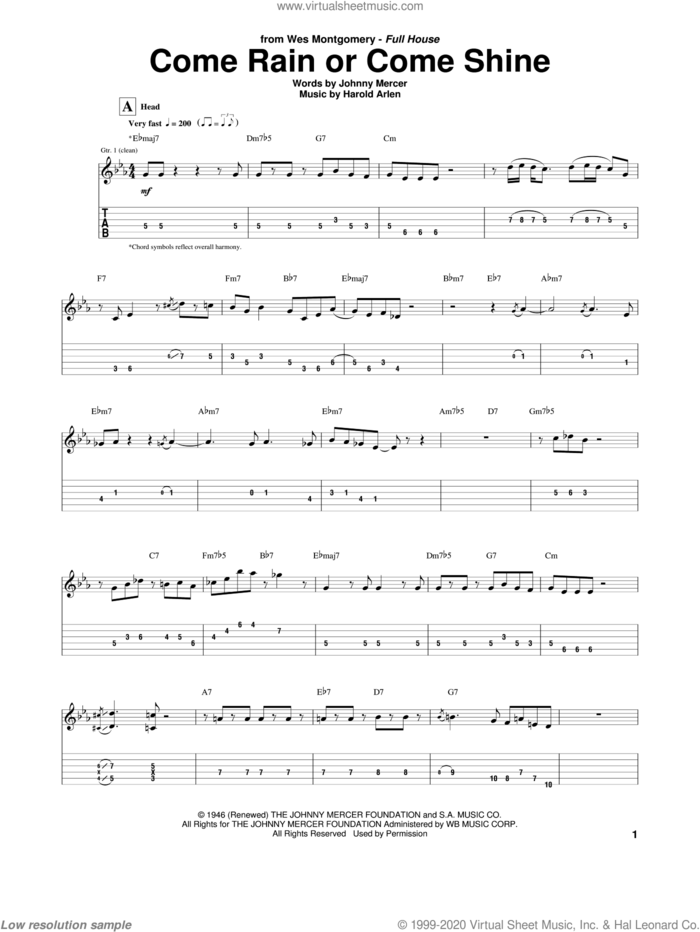 Come Rain Or Come Shine sheet music for guitar (tablature) by Wes Montgomery, Harold Arlen and Johnny Mercer, intermediate skill level