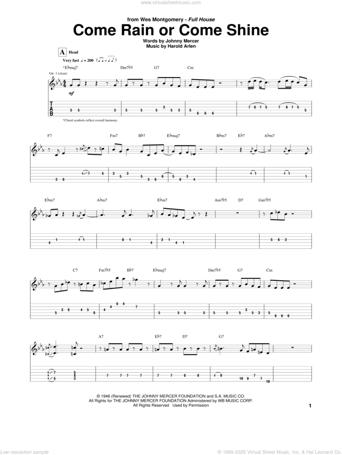 Come Rain Or Come Shine sheet music for guitar (tablature) by Wes Montgomery, Harold Arlen and Johnny Mercer, intermediate skill level