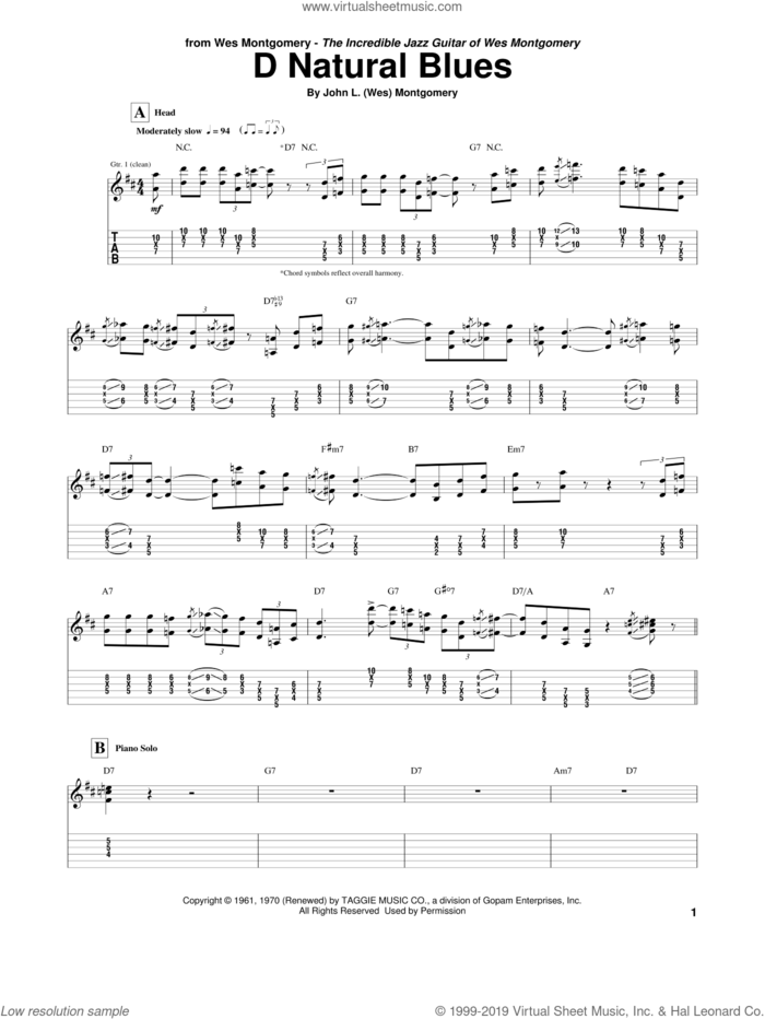 D Natural Blues sheet music for guitar (tablature) by Wes Montgomery, intermediate skill level