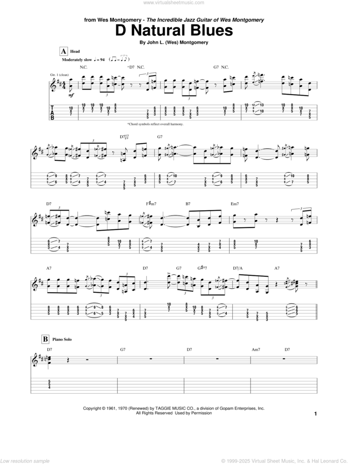 D Natural Blues sheet music for guitar (tablature) by Wes Montgomery, intermediate skill level