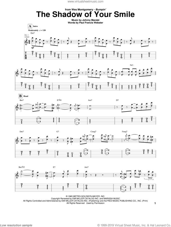 The Shadow Of Your Smile sheet music for guitar (tablature) by Wes Montgomery, intermediate skill level