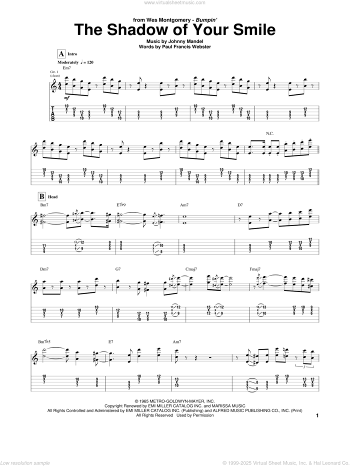 The Shadow Of Your Smile sheet music for guitar (tablature) by Wes Montgomery, intermediate skill level