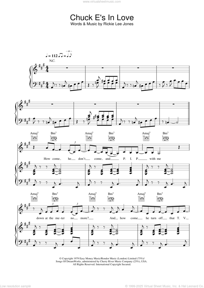 Chuck E's In Love sheet music for voice, piano or guitar by Rickie Lee Jones, intermediate skill level