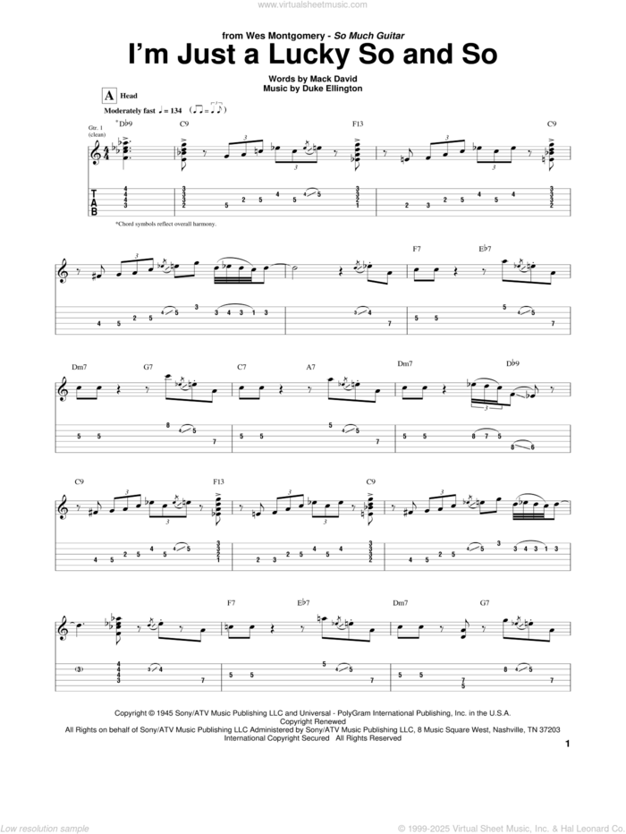 I'm Just A Lucky So And So sheet music for guitar (tablature) by Wes Montgomery, Duke Ellington and Mack David, intermediate skill level