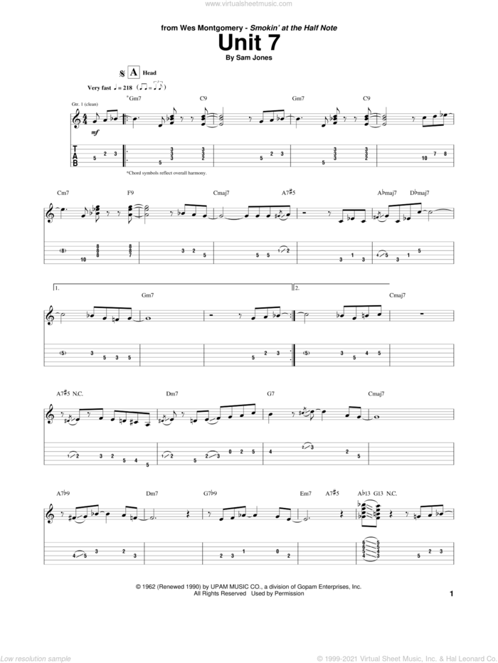 Unit 7 sheet music for guitar (tablature) by Wes Montgomery, intermediate skill level