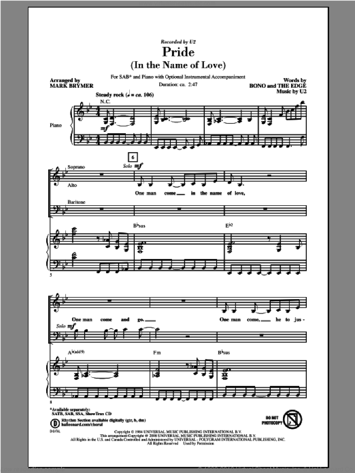 Pride (In The Name Of Love) (arr. Mark Brymer) sheet music for choir (SAB: soprano, alto, bass) by Mark Brymer and U2, intermediate skill level