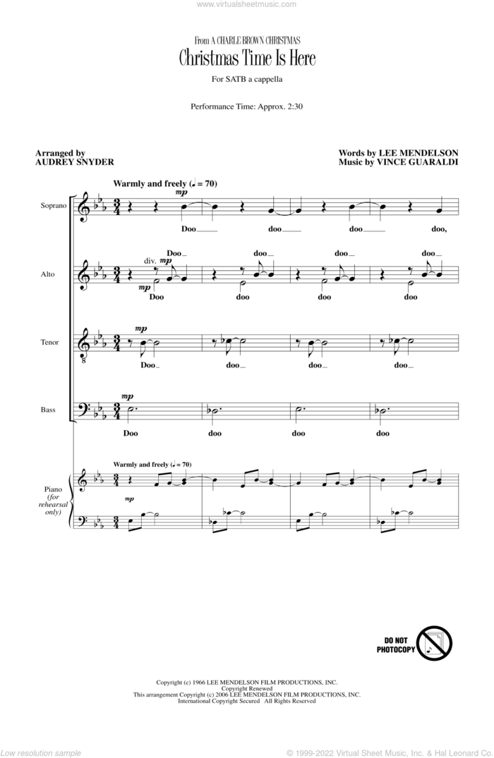 Christmas Time Is Here sheet music for choir (SATB: soprano, alto, tenor, bass) by Audrey Snyder, Lee Mendelson and Vince Guaraldi, intermediate skill level