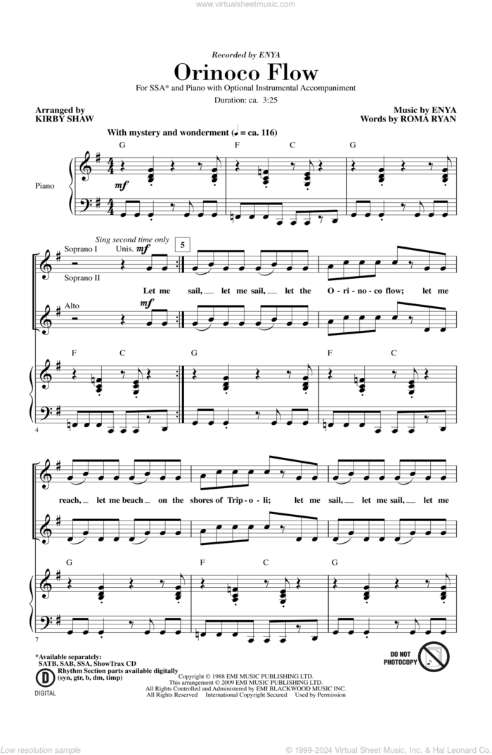 Orinoco Flow (arr. Kirby Shaw) sheet music for choir (SSA: soprano, alto) by Kirby Shaw, Enya and Roma Ryan, intermediate skill level