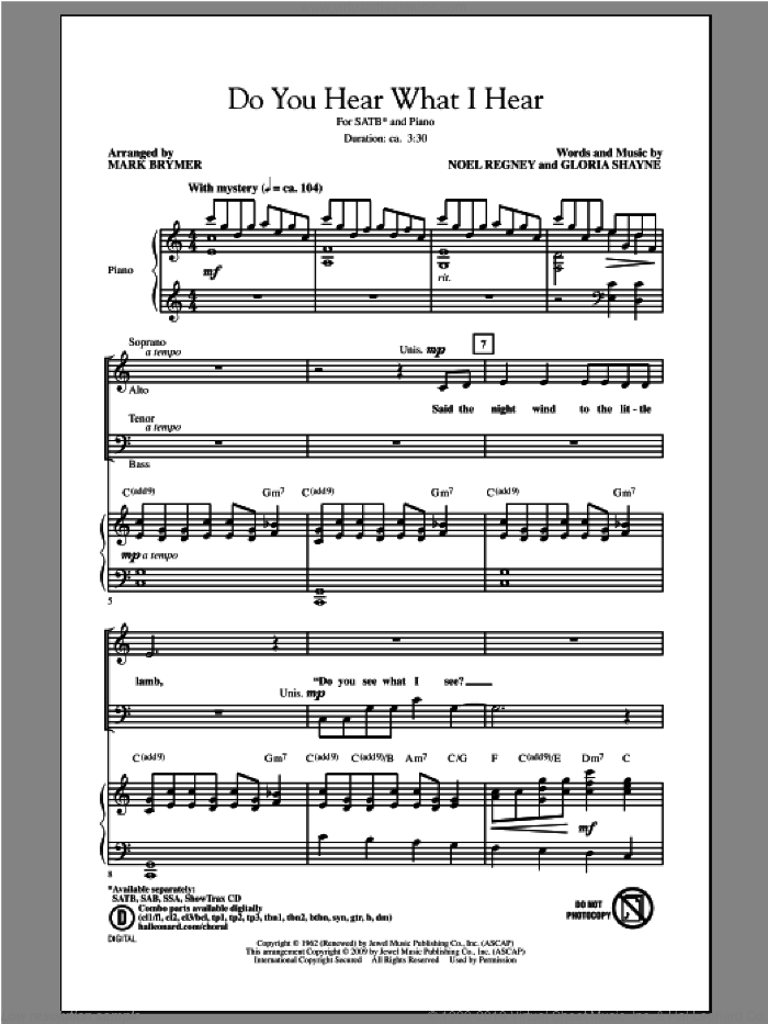 Do You Hear What I Hear (arr. Mark Brymer) sheet music for choir (SATB: soprano, alto, tenor, bass) by Mark Brymer, Gloria Shayne and Noel Regney, intermediate skill level