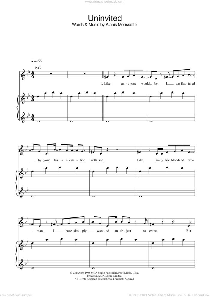 Uninvited sheet music for voice, piano or guitar by Alanis Morissette, intermediate skill level