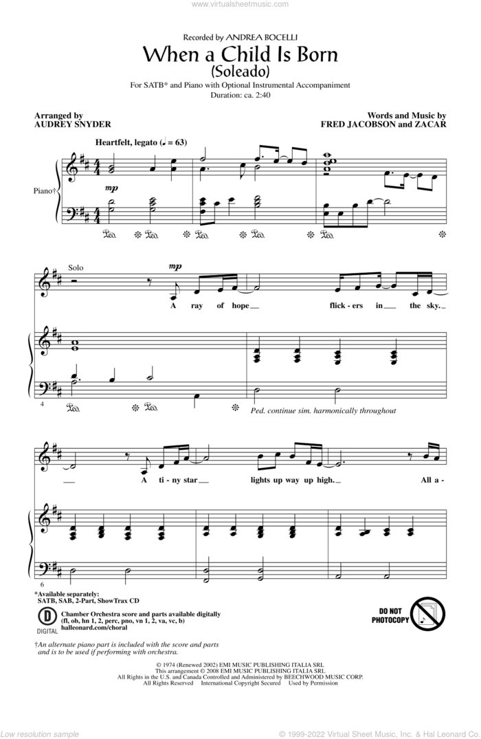 When A Child Is Born (Soleado) (arr. Audrey Snyder) sheet music for choir (SATB: soprano, alto, tenor, bass) by Audrey Snyder and Andrea Bocelli, intermediate skill level