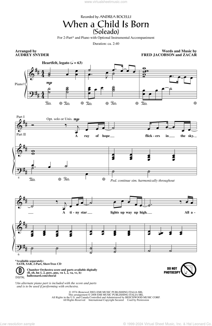 When A Child Is Born (Soleado) (arr. Audrey Snyder) sheet music for choir (2-Part) by Audrey Snyder and Andrea Bocelli, intermediate duet