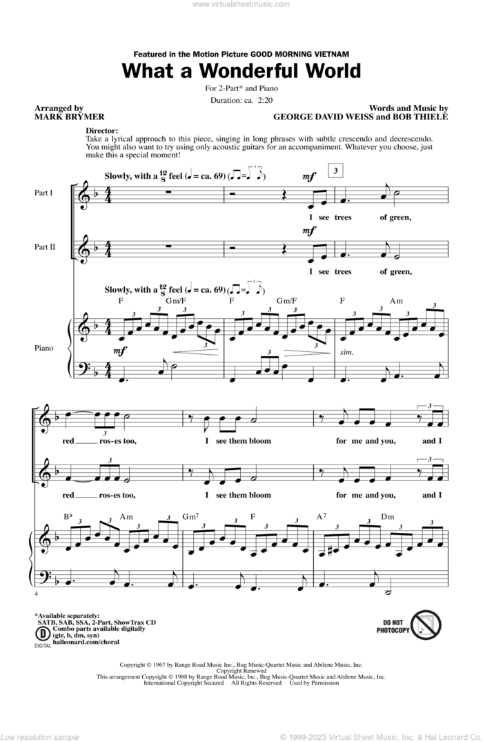 What A Wonderful World (arr. Mark Brymer) sheet music for choir (2-Part) by Mark Brymer and Louis Armstrong, intermediate duet