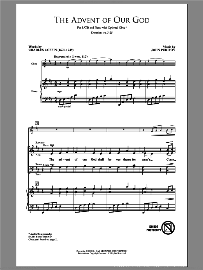 The Advent Of Our God sheet music for choir (SATB: soprano, alto, tenor, bass) by John Purifoy, intermediate skill level