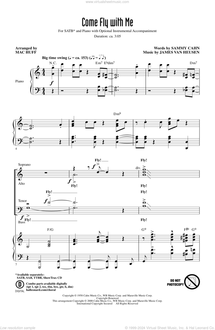 Come Fly With Me (arr. Mac Huff) sheet music for choir (SATB: soprano, alto, tenor, bass) by Mac Huff, Frank Sinatra, Jimmy van Heusen and Sammy Cahn, intermediate skill level