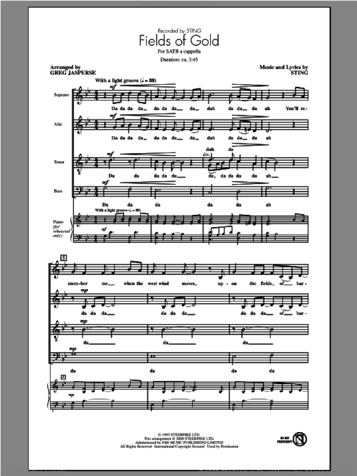 Fields Of Gold sheet music for choir (SATB: soprano, alto, tenor, bass) by Sting and Greg Jasperse, intermediate skill level