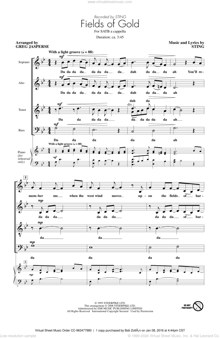Fields Of Gold sheet music for choir (SATB: soprano, alto, tenor, bass) by Sting and Greg Jasperse, intermediate skill level