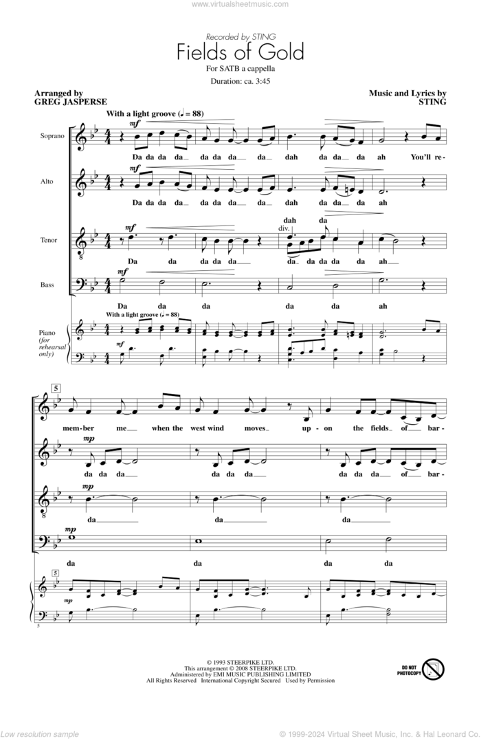 Fields Of Gold sheet music for choir (SATB: soprano, alto, tenor, bass) by Sting and Greg Jasperse, intermediate skill level