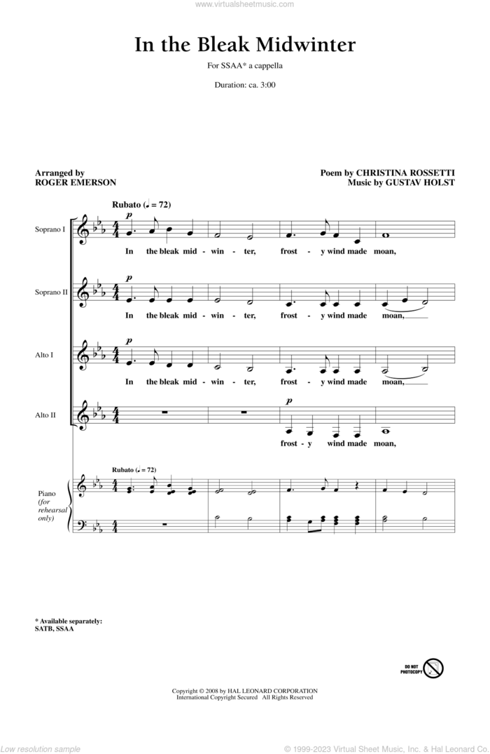 In The Bleak Midwinter sheet music for choir (SSA: soprano, alto) by Roger Emerson, Christina Rossetti and Gustav Holst, intermediate skill level