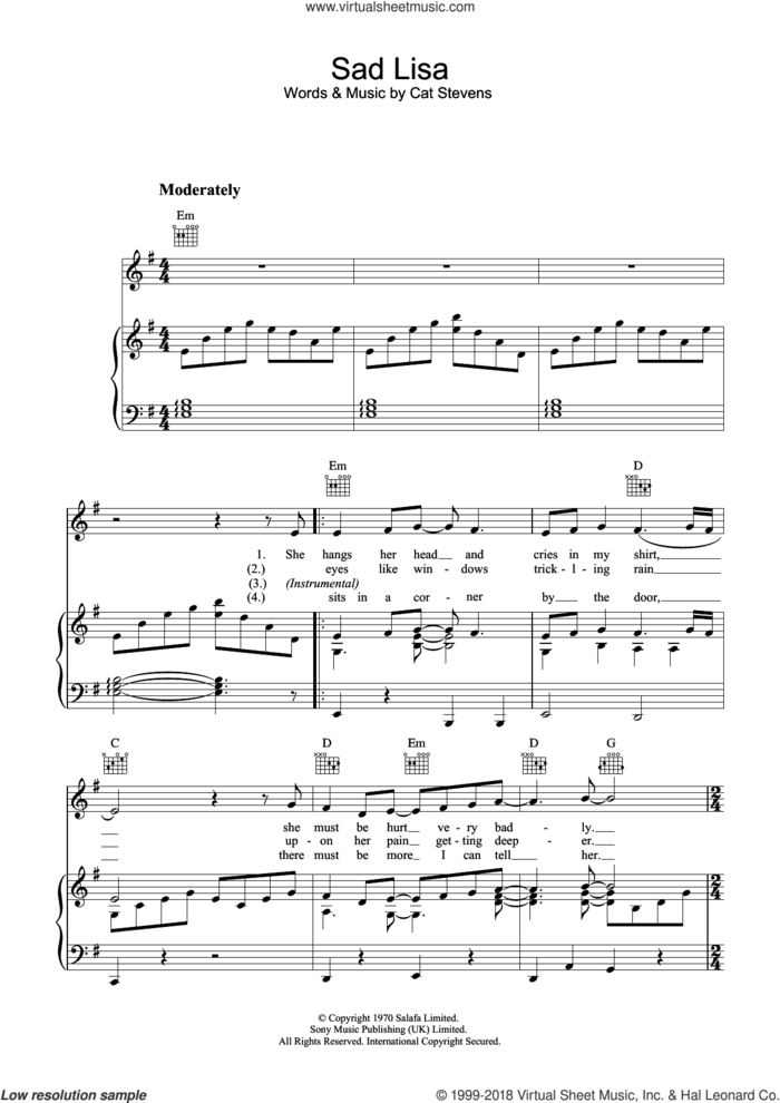 Sad Lisa sheet music for voice, piano or guitar by Cat Stevens, intermediate skill level